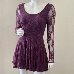 Vintage 90s Contempo Casuals Mall Brand Long Sleeve Purple Lace Mini Dress